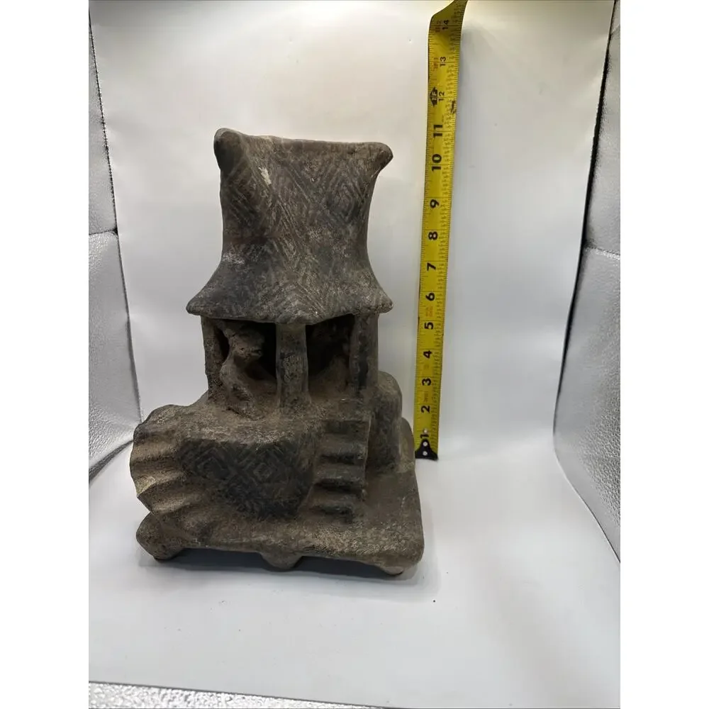Ancient Nayarti Terracotta House Model W/ People Engraved “MEX” Made In Mexico *